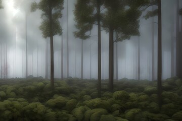 Foggy Forest Scene In Darken Colors Technology. Generative AI