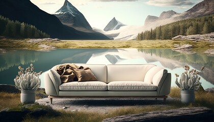 Fototapeta na wymiar image of a sofa consisting of mountains and a river against the background of nature, generative AI