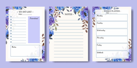 Set of Hand Painted Watercolor Blue Purple Florals Weekly Planner To Do List Template