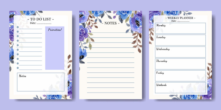 Set of Hand Painted Watercolor Blue Purple Florals Weekly Planner To Do List Template