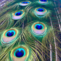 closeup green and Blue peacock feathers in closeup, "Generative AI"