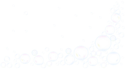 Cute, realistic, fun water bubbles flying randomly. Transparent background
