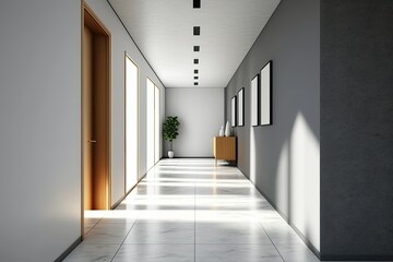 Interior of a modern workplace, including a mock-up space with a light wall, a tile floor, and furniture. Generative AI