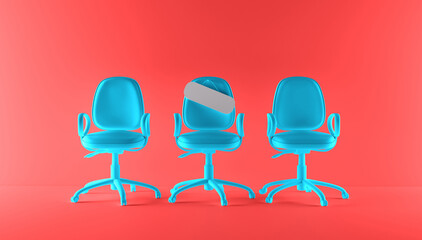 Blank sign on an empty turquoise chair. Hiring new job vacancy concept. 3D Rendering. We are hiring.