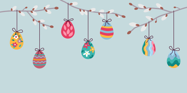 Easter eggs hang on pussy-willow branches on a gray-blue background. Flat style illustration