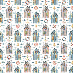 Fototapeta na wymiar Beach, fishing houses pink and blue with fish, steering wheel, anchor, bubbles on a white background. Watercolor seamless pattern. For fabrics, textiles, wallpaper, wrapping paper, backgrounds.