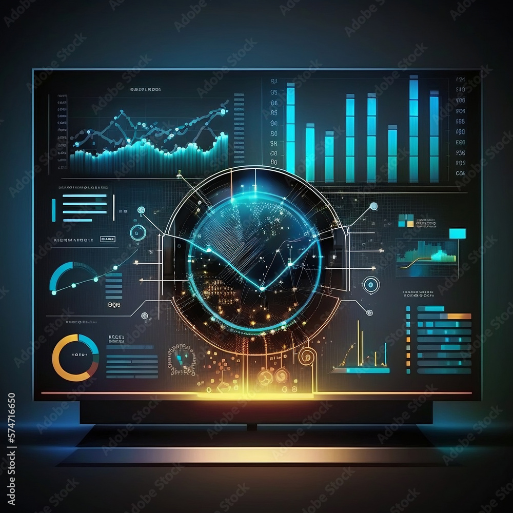Wall mural modern computer virtual dashboard analyzing finance sales data and economic growth graph chart and block chain technology