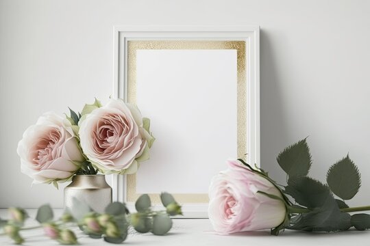 White frame and three pink roses on the desk. Generative AI