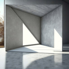 Obraz premium Cement corner room wall background or empty concrete texture product backdrop on grunge interior studio design floor display with perspective scene of stone material template. 3D rendering.