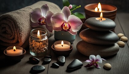 illustration of spa skin care product, sea salt in bottle with flowers and spring time nature background, Generative Ai