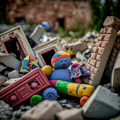 Children's toys on the ruins of the house after the earthquake. Generative AI.