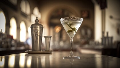 close up cocktail a glass of Martini cocktail at vintage bar bokeh light, Generative Ai	
