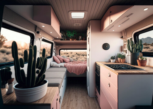 Recreational vehicle, camper interior ,Van life, made with Generative AI