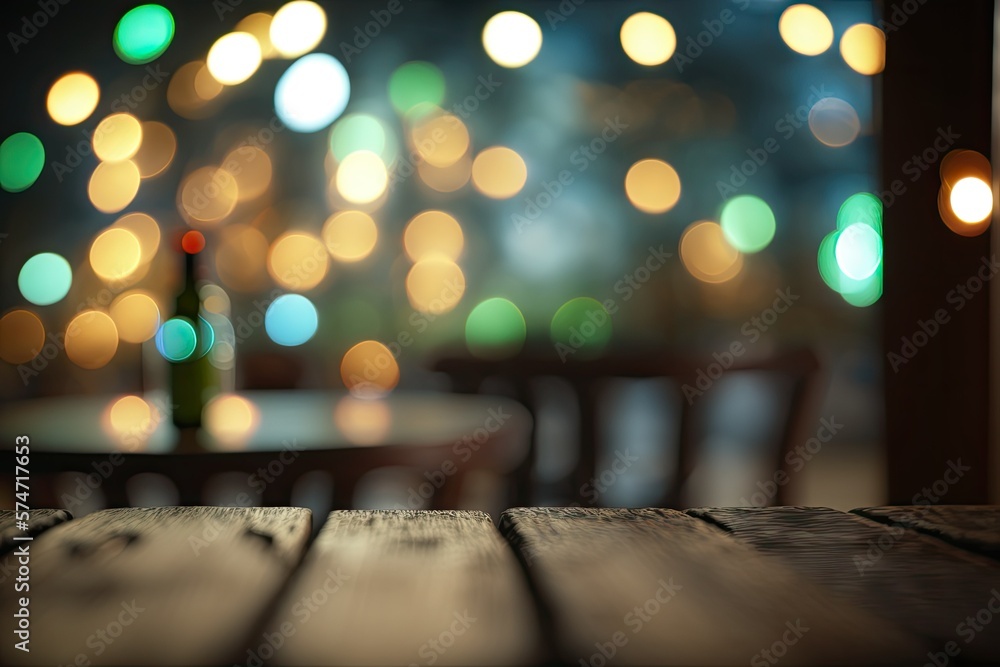 Poster bokeh of lights on an empty wooden tabletop against a blurred restaurant backdrop. generative ai