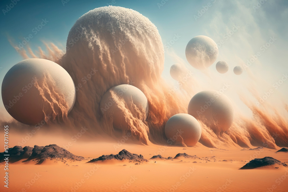 Poster sci-fi alien planet landscape with spherical rocks ,made with generative ai