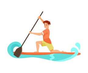 Man Character Standup Paddleboarding with Turquoise Wave Doing Water Sport Activity Vector Illustration