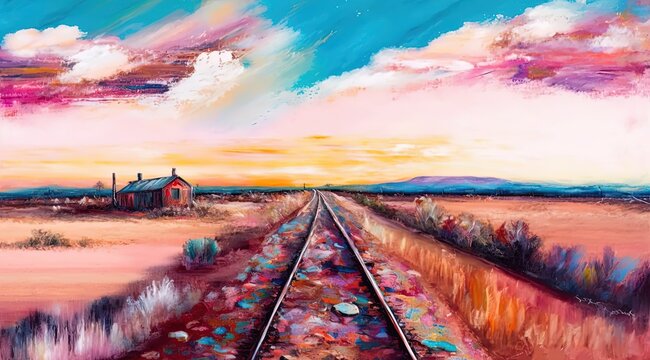 paint like illustration of old railway pass by rural field, idea for artistic background wallpaper, Generative Ai
