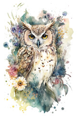 Watercolor Boho Flower Owl, Watercolor owl with flowers, Magic Realism, Dreamy, Wonderland, generative ai.