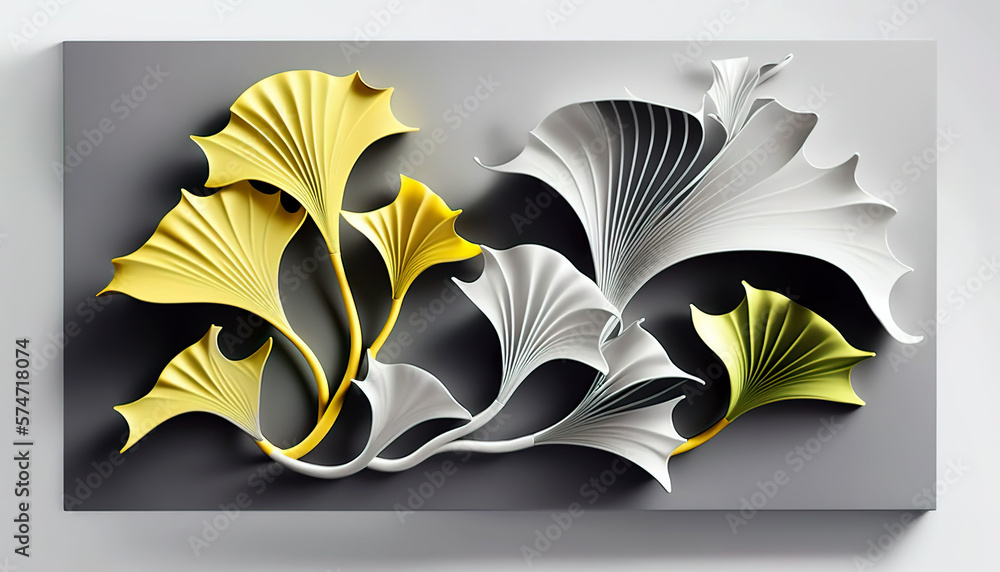 Wall mural  Abstract 3D paper art of ginkgo leaves in a dynamic composition of yellow and white, set against a gray backdrop, AI generated.  - Wall murals
