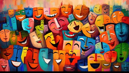 paint like illustration of many happy face smile together, idea for artistic background wallpaper, Generative Ai - obrazy, fototapety, plakaty