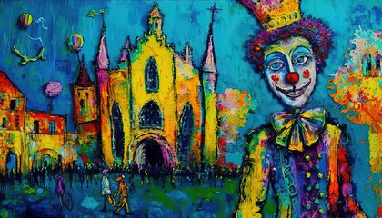 paint like illustration of a clown with fairytale castle, idea for artistic background wallpaper, Generative Ai