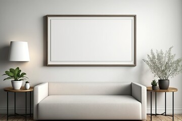 A horizontal blank poster mock-up on a beige wall in a classic living room. Generative AI