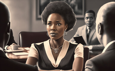 Young African American woman having a discussion with two men in a conference room, cartoon look. Not a real person, Generative AI Illustation.