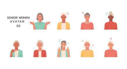 People portraits of older women with negative emotion isolated set, senior female faces avatars, vector flat illustration
