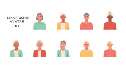 People portraits of older women isolated set, senior female faces avatars, vector flat illustration

