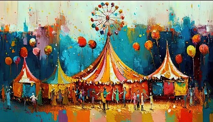 paint like illustration of circus fun fair carnival festival, idea for artistic background wallpaper, Generative Ai - obrazy, fototapety, plakaty