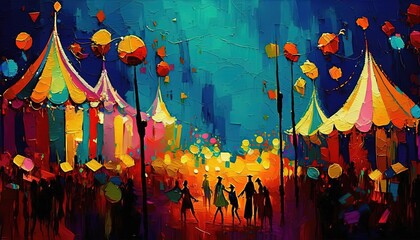 Obraz na płótnie Canvas paint like illustration of carnival funfair with tent and Ferris Wheel, Generative Ai