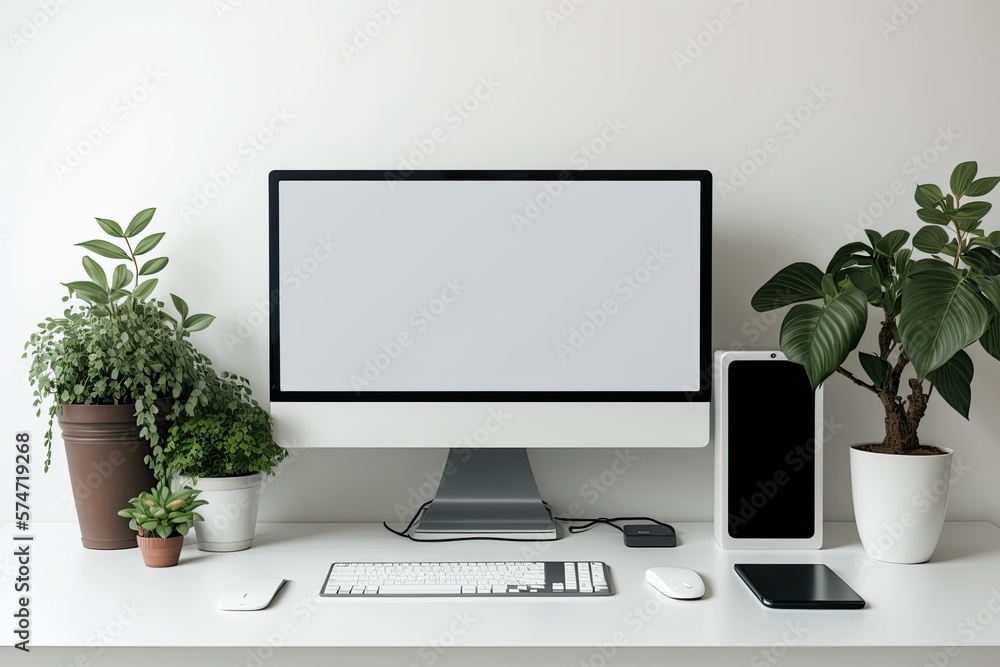 Poster workstation with empty mock-up computer screen, keyboard, mouse, plant, and copy space on home table