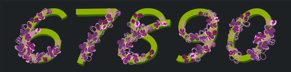 Set of numbers 6, 7, 8, 9, 0 on a black background. Decorative font with floral ornaments from blooming lilacs. Ecological typography