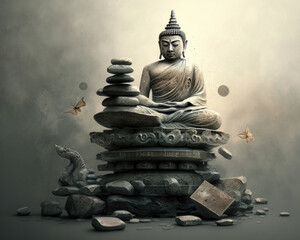 Buddha statue on stones, zen landscape. Generative AI.