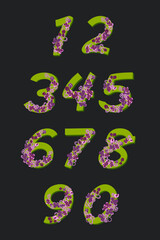 Set of numbers from 1 to 0. Decorative font with floral ornaments of lilac. Ecological typography
