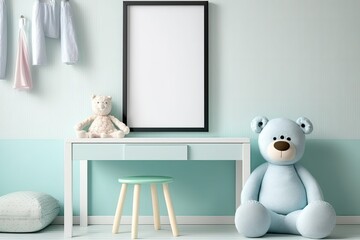 Empty horizontal picture frame on mint blue wall in modern toddler room. Scandi interior mockup. Free photo copying. Toys, chairs, table. Kid-friendly room. Generative AI
