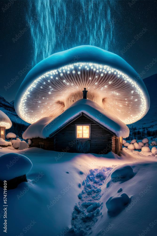 Poster mushroom house in the middle of a snowy forest ,made with generative ai