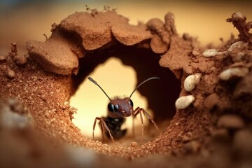 Ant burrow macro zoom. Generative AI