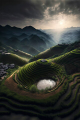 View from Above of a Terraced Rice Field in Bandung, West Java, Indonesia, Asia ,made with Generative AI