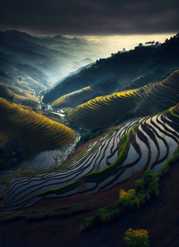 View from Above of a Terraced Rice Field in Bandung, West Java, Indonesia, Asia ,made with Generative AI