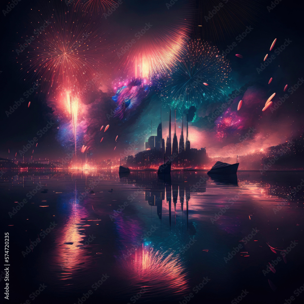 Poster a colorful fireworks display is reflected in a lake at night with a reflection of the sky in the wat