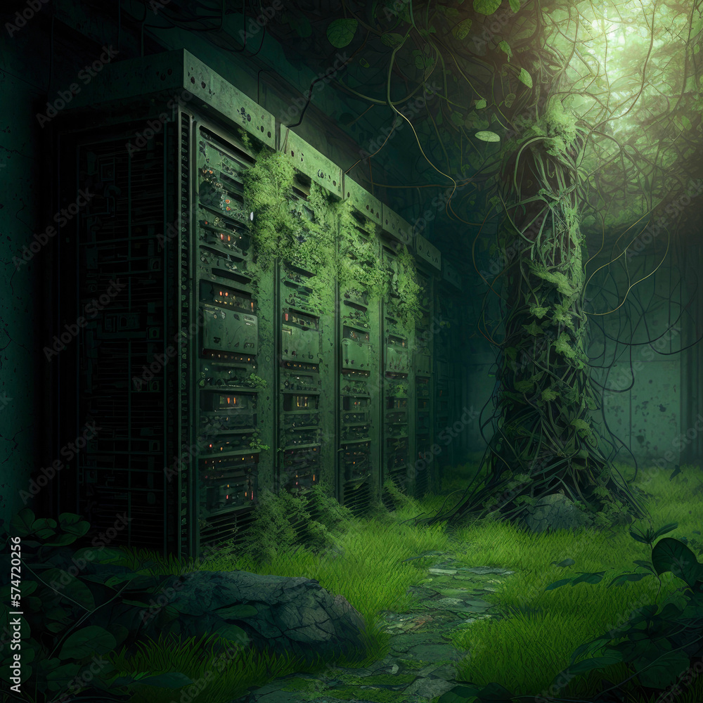Poster forgotten high tech dark servers, ancient data center room with computers and storage ,made with gen