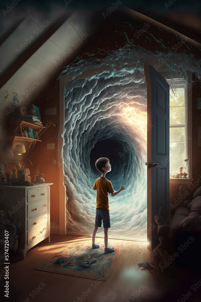 Poster a scared child near a time vortex ,made with generative ai