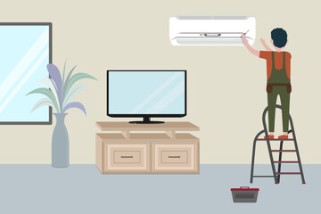 The master installs or repairs the air conditioner, standing on the stairs in the room or office, living room with TV, vector illustration
