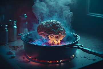 Brains baked in a frying pan on the kitchen stove. The concept of overexertion, stress and psychological problems with the head, disorder, psychiatrist. Generative AI - obrazy, fototapety, plakaty