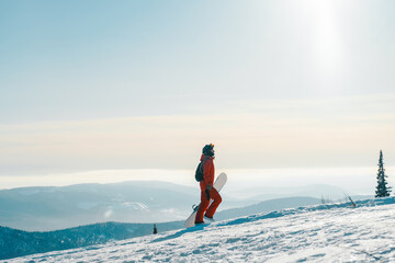 Female with snowboard. Snowboarder walking on snowy slop watching beautiful atmospheric mountain...