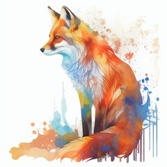 Image of Drawing fox sitting paint spots watercolor Generative AI printed on Printed Glass Splashbacks