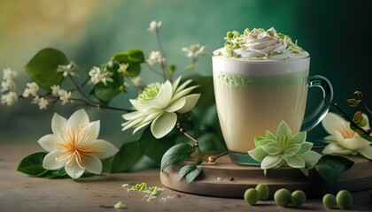 Obraz na płótnie Canvas close up a glass of cocktail smoothie with flower decoration, Mojito, Generative Ai