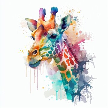 Portrait of a giraffe ink stains watercolor Generative AI © Dzmitry