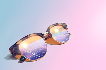 solar panels reflection in sunglass,renewable energy. eyesight for sustainable energy to businesses, homes, and smart city and new generation of power. clean and environmental friendly.